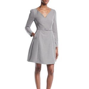 Co V-Neck Long-Sleeve Belted Houndstooth Dress